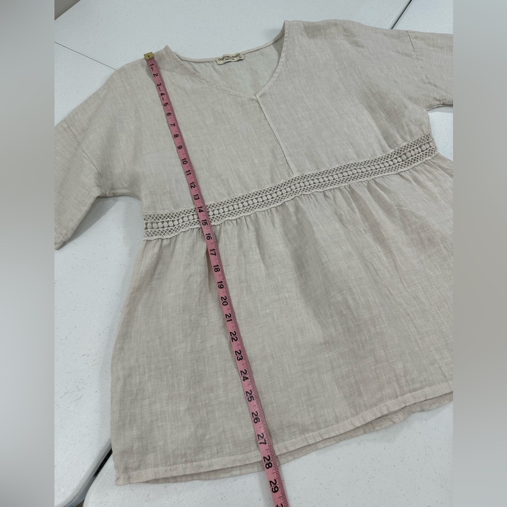 Terzo Millennio Made In Italy Neutral Linen Lace Trim Short Sleeve Blouse Top L - Picture 5 of 8